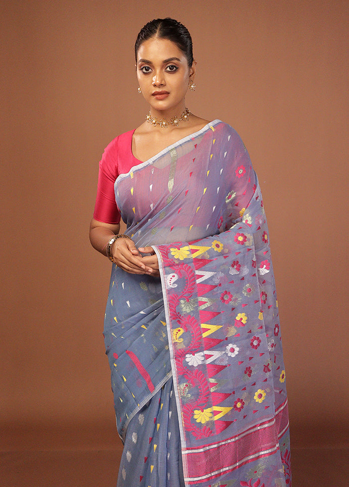 Blue Jamdani Cotton Saree Without Blouse Piece