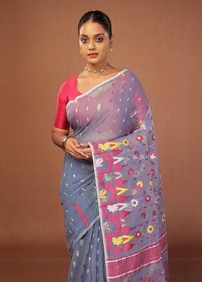 Blue Jamdani Cotton Saree Without Blouse Piece