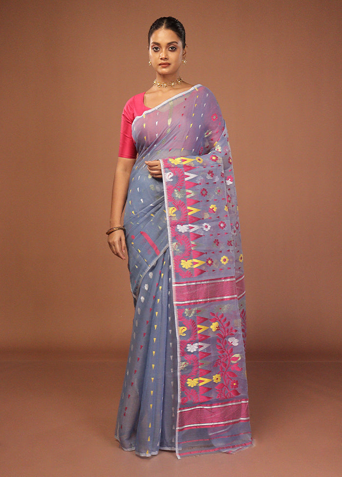 Blue Jamdani Cotton Saree Without Blouse Piece