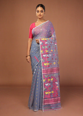 Blue Jamdani Cotton Saree Without Blouse Piece