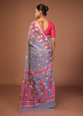 Blue Jamdani Cotton Saree Without Blouse Piece