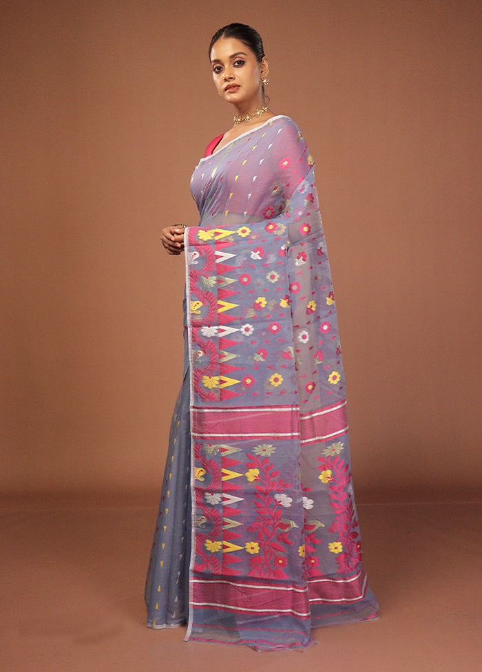 Blue Jamdani Cotton Saree Without Blouse Piece
