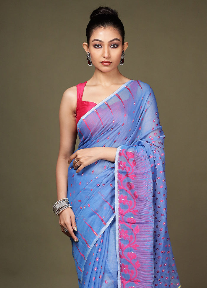 Blue Tant Cotton Saree Without Blouse Piece