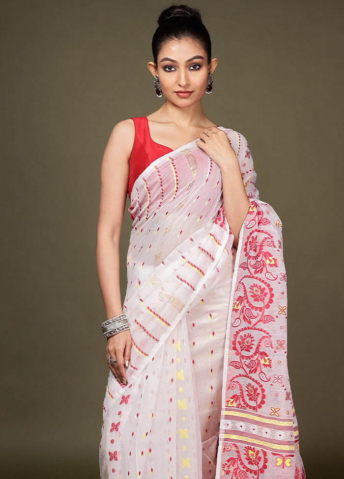 White Tant Cotton Saree Without Blouse Piece