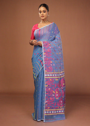 Blue Jamdani Cotton Saree Without Blouse Piece