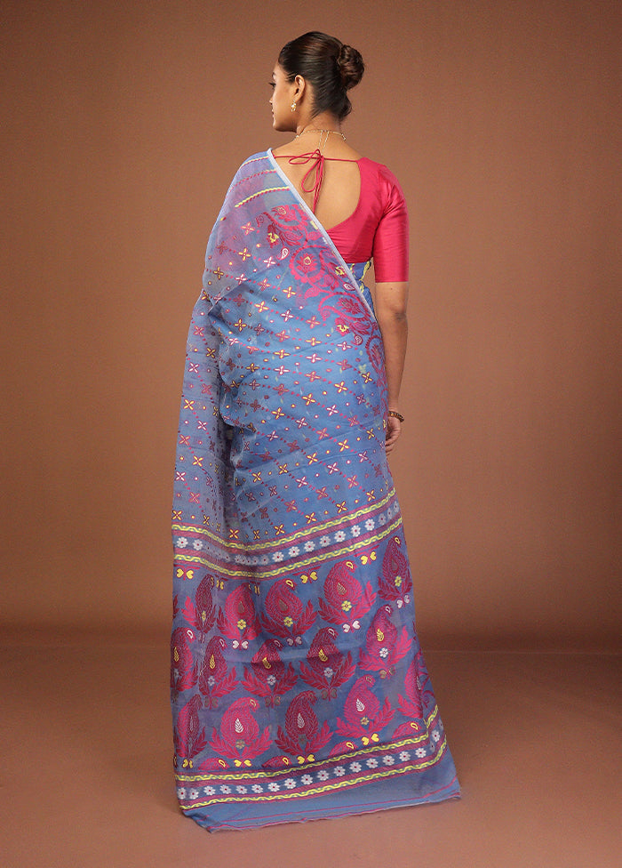 Blue Jamdani Cotton Saree Without Blouse Piece