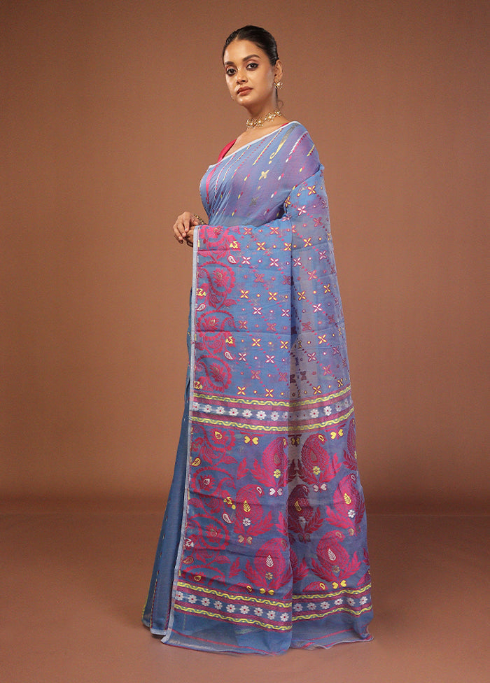 Blue Jamdani Cotton Saree Without Blouse Piece