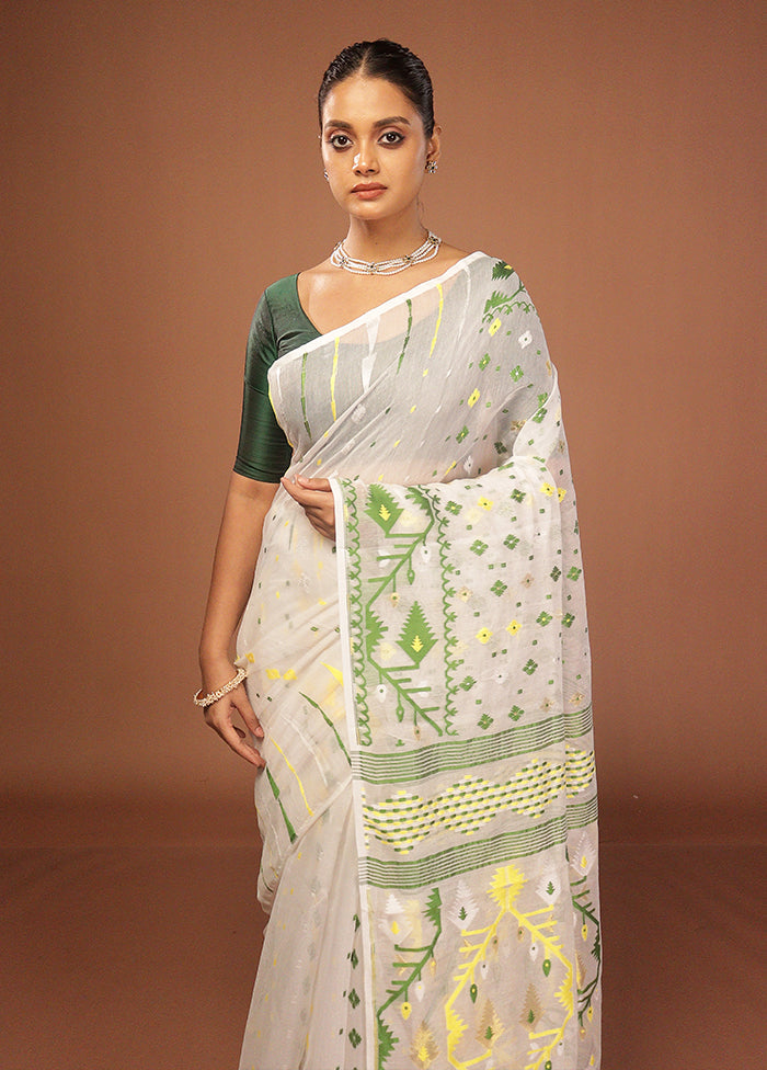 White Jamdani Cotton Saree Without Blouse Piece