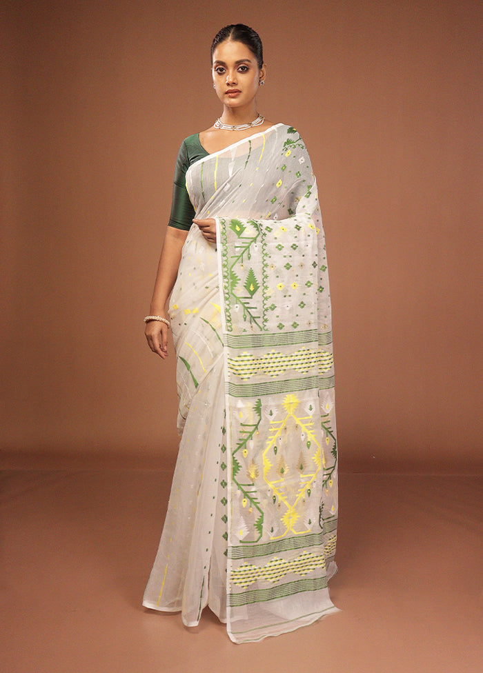 White Jamdani Cotton Saree Without Blouse Piece