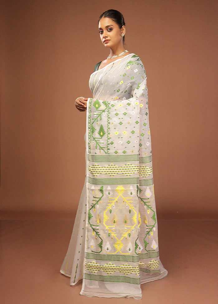 White Jamdani Cotton Saree Without Blouse Piece