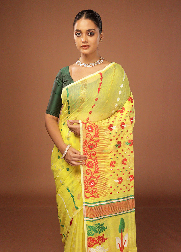 Yellow Jamdani Cotton Saree Without Blouse Piece