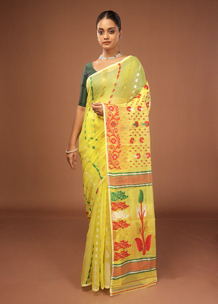 Yellow Jamdani Cotton Saree Without Blouse Piece