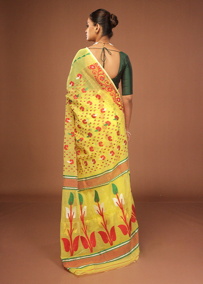 Yellow Jamdani Cotton Saree Without Blouse Piece