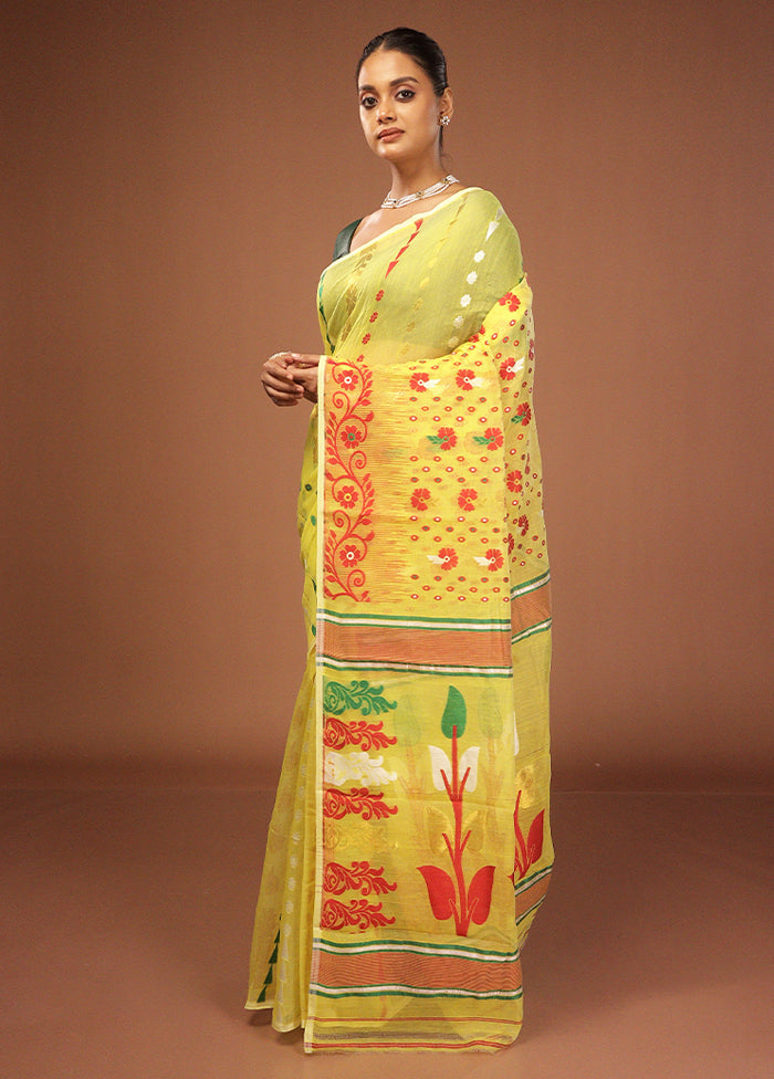 Yellow Jamdani Cotton Saree Without Blouse Piece