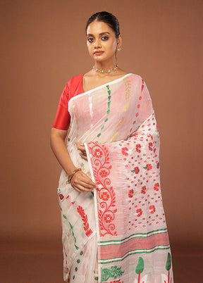 White Jamdani Cotton Saree Without Blouse Piece