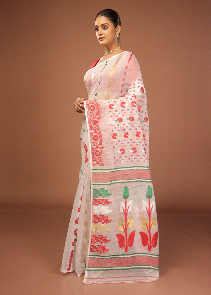 White Jamdani Cotton Saree Without Blouse Piece