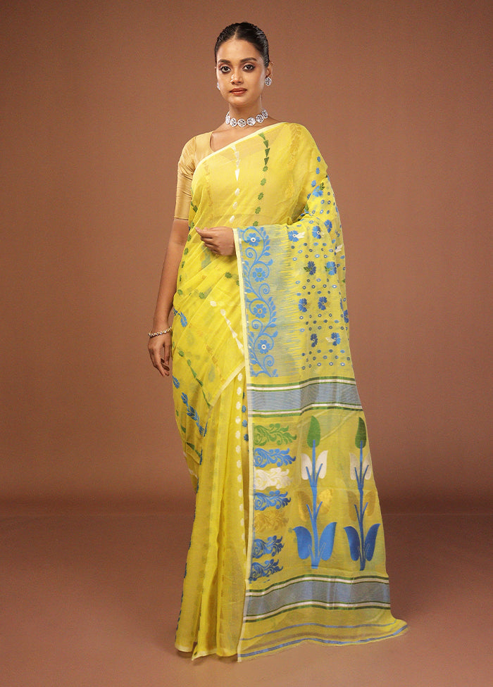 Yellow Jamdani Cotton Saree Without Blouse Piece