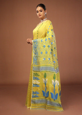 Yellow Jamdani Cotton Saree Without Blouse Piece