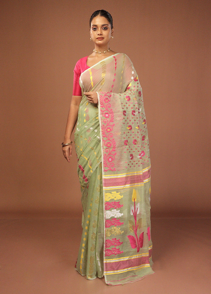 Green Jamdani Cotton Saree Without Blouse Piece
