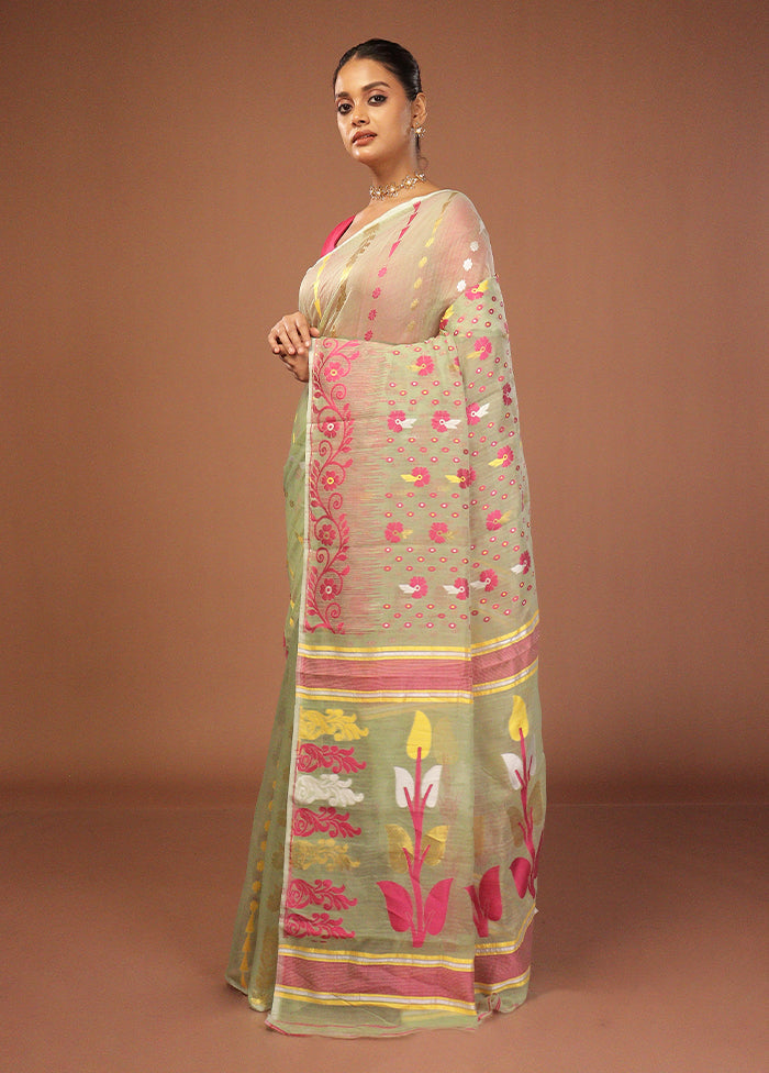 Green Jamdani Cotton Saree Without Blouse Piece