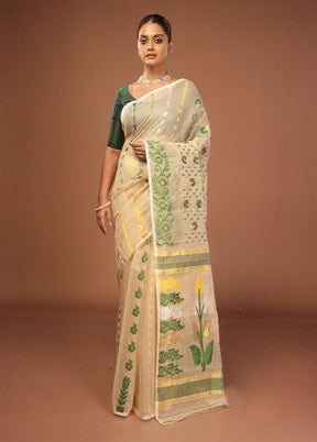 Cream Jamdani Cotton Saree Without Blouse Piece