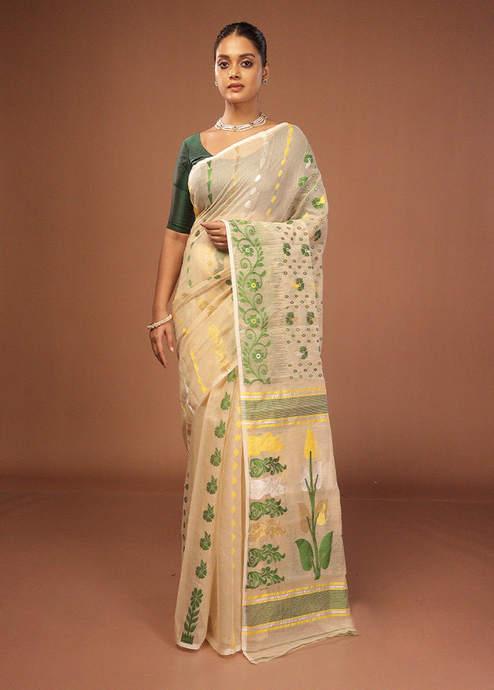 Cream Jamdani Cotton Saree Without Blouse Piece