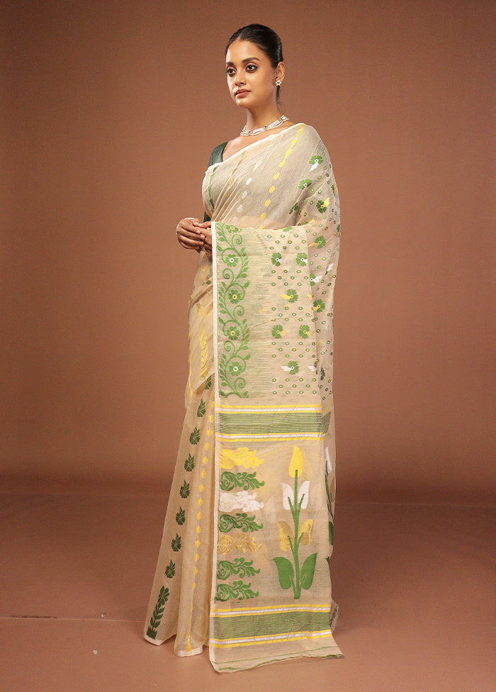 Cream Jamdani Cotton Saree Without Blouse Piece