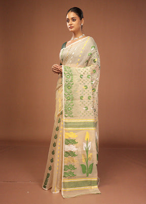 Cream Jamdani Cotton Saree Without Blouse Piece