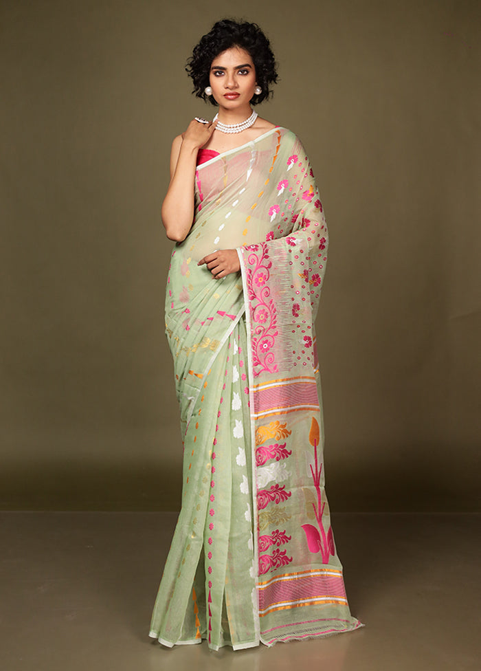 Green Tant Jamdani Saree Without Blouse Piece