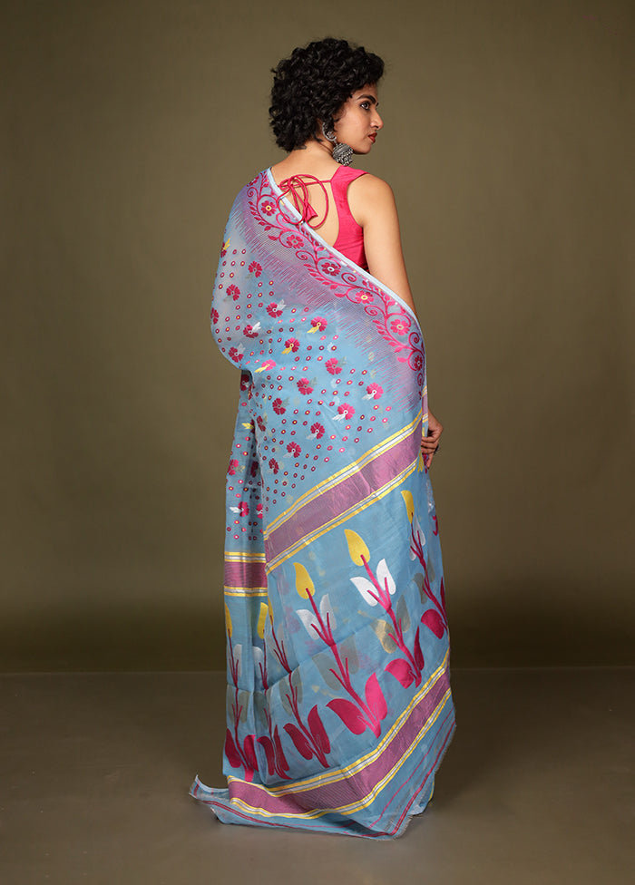 Blue Tant Jamdani Saree Without Blouse Piece