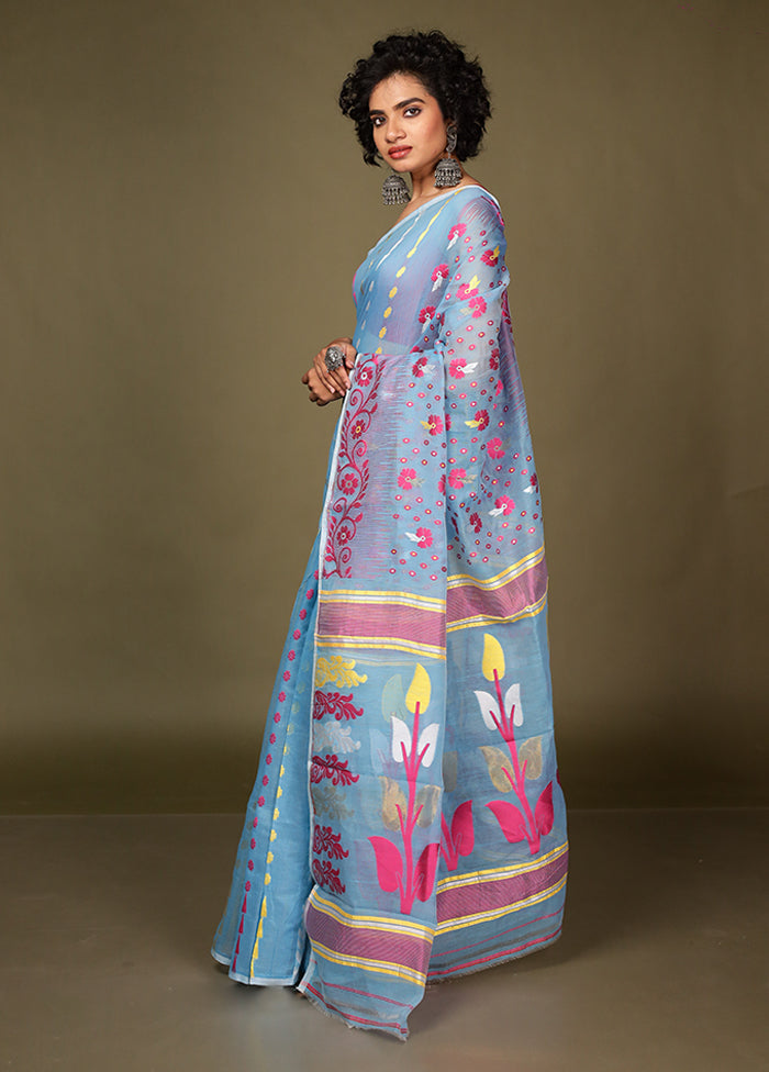 Blue Tant Jamdani Saree Without Blouse Piece