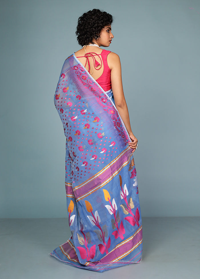 Blue Tant Jamdani Saree Without Blouse Piece