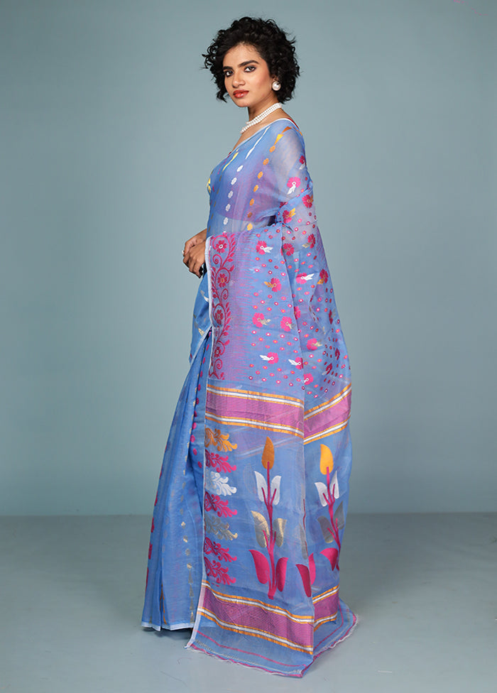 Blue Tant Jamdani Saree Without Blouse Piece