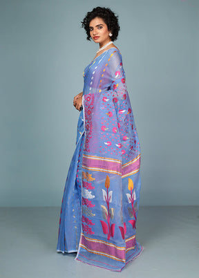 Blue Tant Jamdani Saree Without Blouse Piece