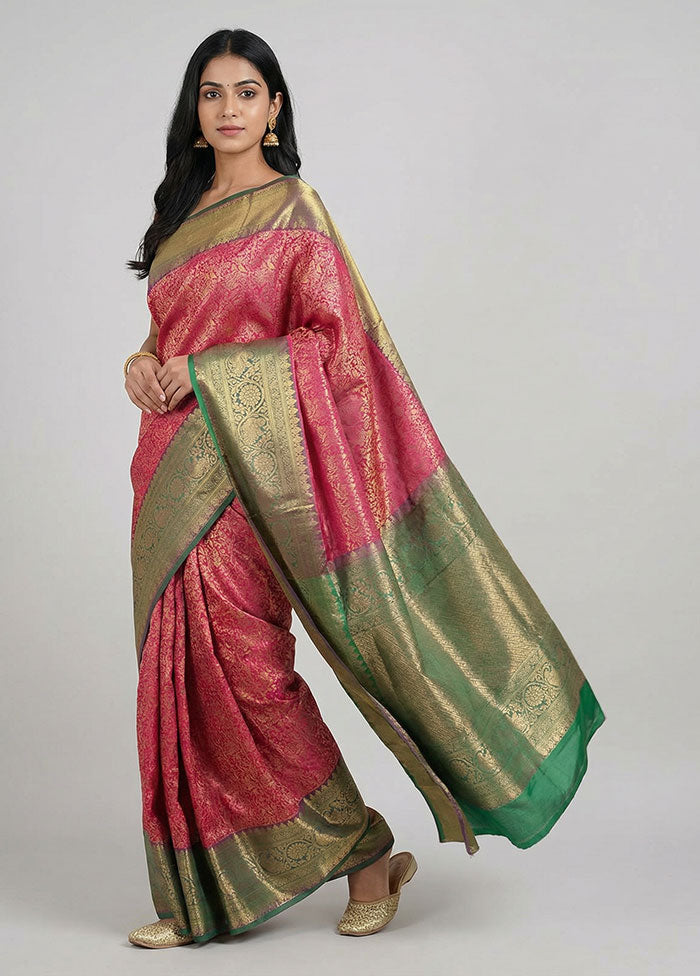 Pink Handloom Kanchipuram Pure Silk Saree With Blouse Piece