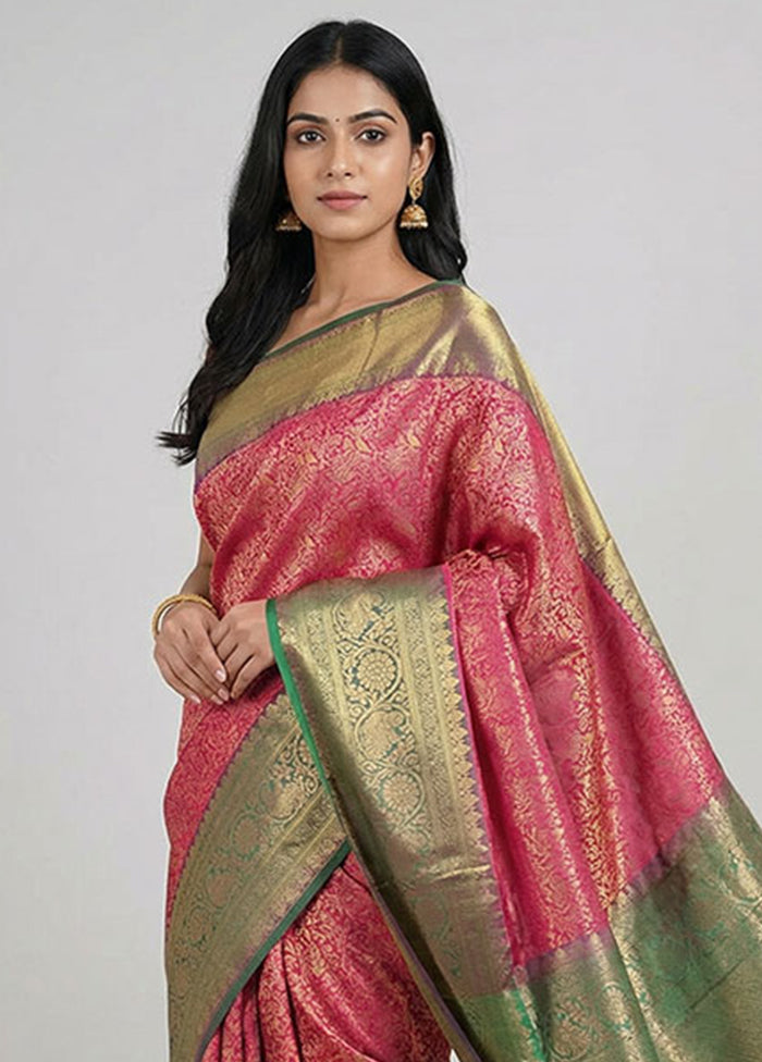 Pink Handloom Kanchipuram Pure Silk Saree With Blouse Piece