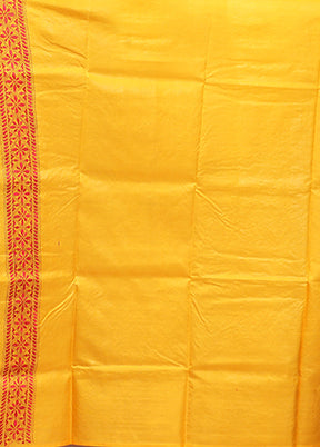 Yellow Kantha Stitch Pure Silk Saree With Blouse Piece