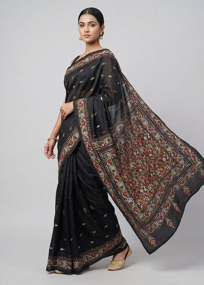 Black Handloom Kantha Stitch Pure Silk Saree With Blouse Piece