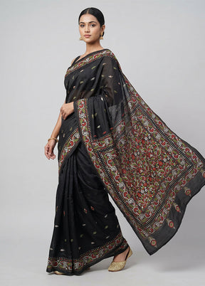 Black Handloom Kantha Stitch Pure Silk Saree With Blouse Piece