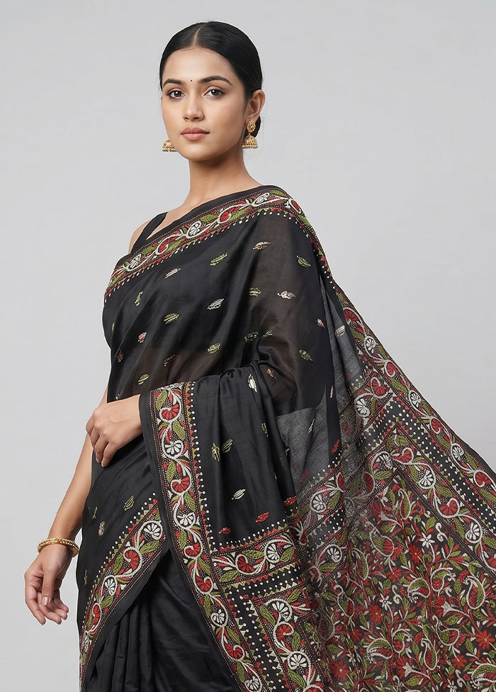Black Handloom Kantha Stitch Pure Silk Saree With Blouse Piece