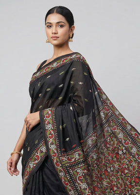 Black Handloom Kantha Stitch Pure Silk Saree With Blouse Piece