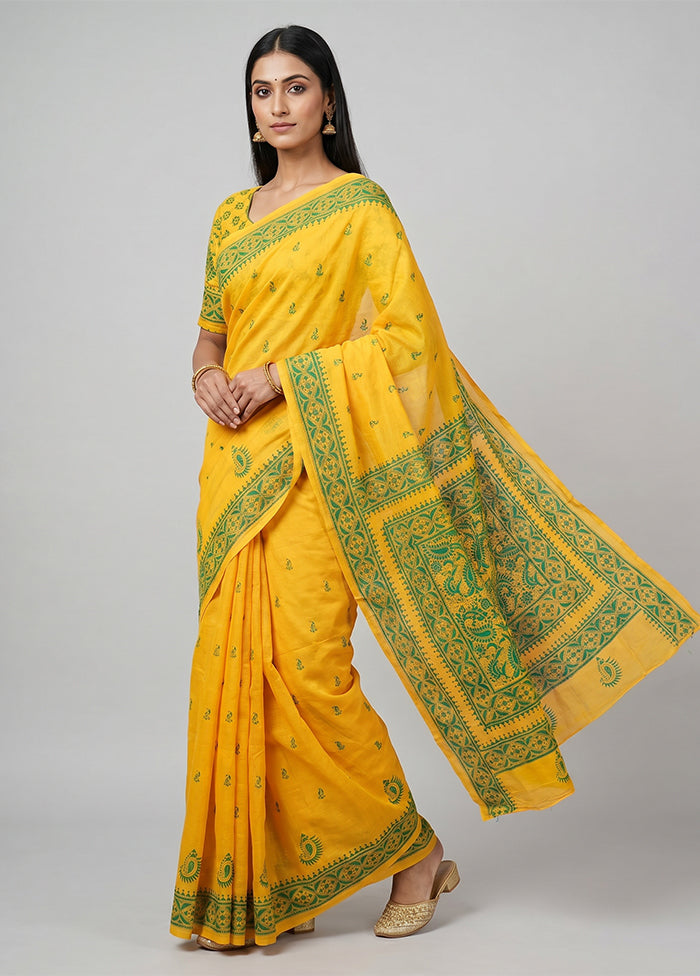 Yellow Handloom Kantha Stitch Pure Silk Saree With Blouse Piece