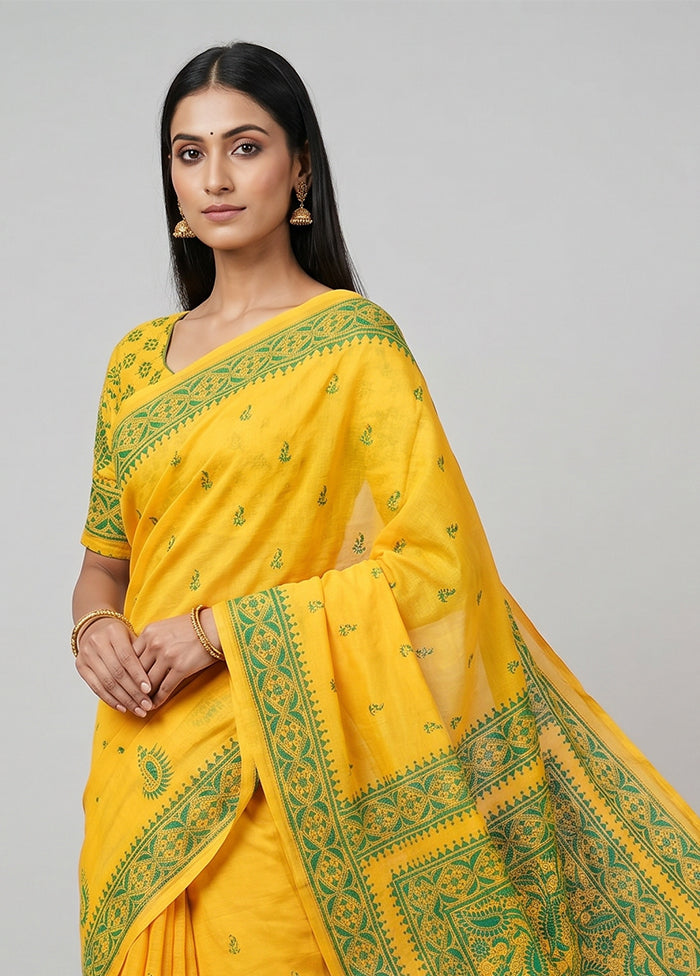 Yellow Handloom Kantha Stitch Pure Silk Saree With Blouse Piece