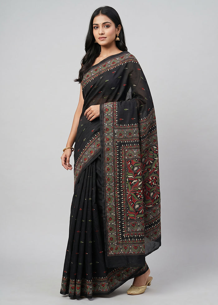Black Handloom Kantha Stitch Pure Silk Saree With Blouse Piece
