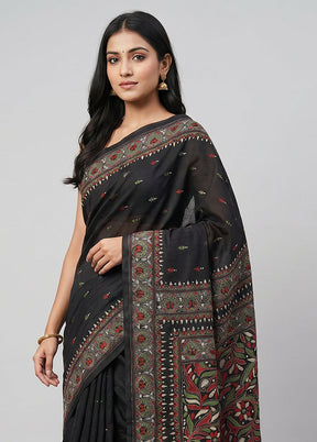 Black Handloom Kantha Stitch Pure Silk Saree With Blouse Piece