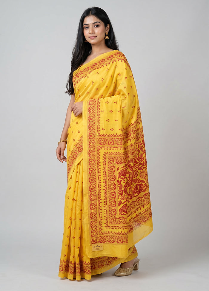 Yellow Handloom Kantha Stitch Pure Silk Saree With Blouse Piece