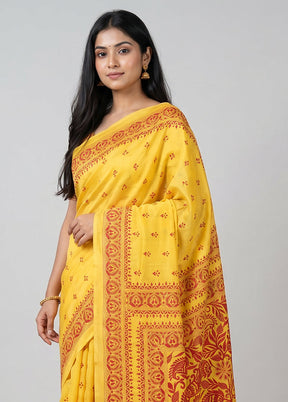 Yellow Handloom Kantha Stitch Pure Silk Saree With Blouse Piece