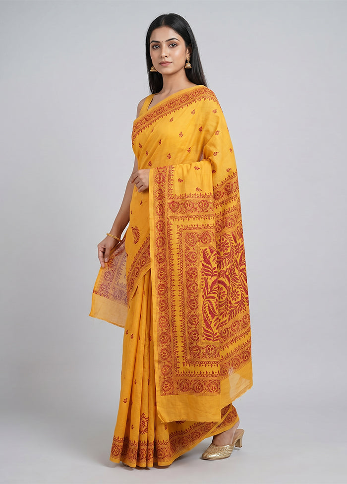 Yellow Handloom Kantha Stitch Pure Silk Saree With Blouse Piece