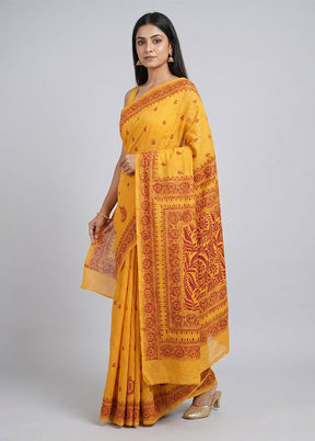 Yellow Handloom Kantha Stitch Pure Silk Saree With Blouse Piece
