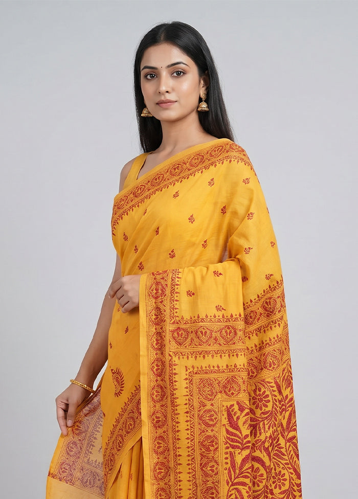 Yellow Handloom Kantha Stitch Pure Silk Saree With Blouse Piece